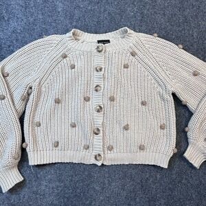 Miou Muse Crop Knotted Cardigan Tan Beige Chunky Bobble Pom Pom MMJ1129 S